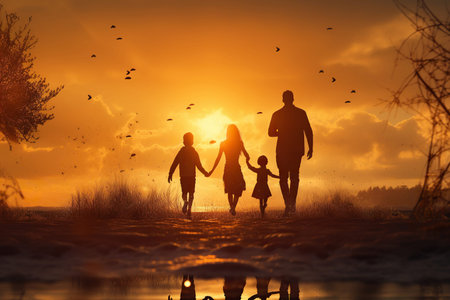 Happy large family: mother, father, children son and daughters running on nature at sunsetの素材
