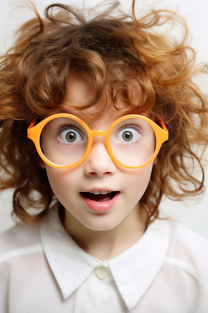 Funny looking child girl wears futuristic eyeglasses, on white background.の素材