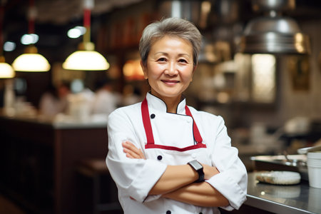 Smiling mature female chef standing with arms crossed in restaurantの素材