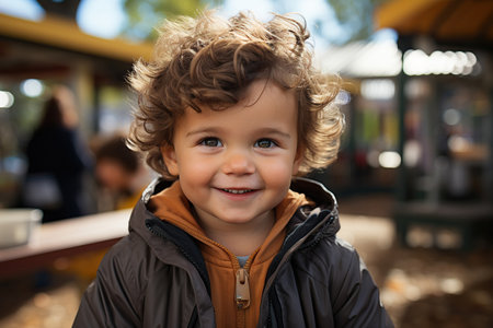 Cute young boy is smiling, outdoor play yard on a backgroundの素材