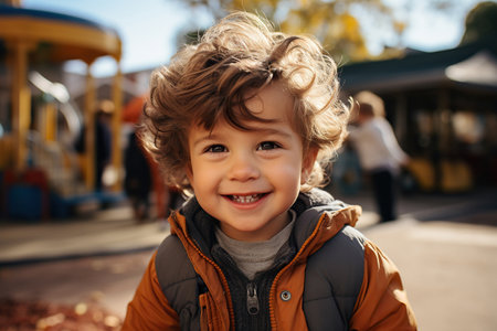 Cute young boy is smiling, outdoor play yard on a backgroundの素材