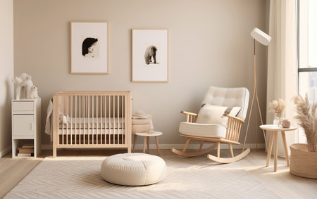 Contemporary Scandinavian-style nursery with a neutral color palette and modern furnishingsの素材