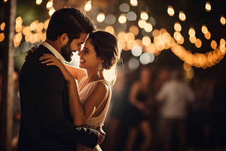 Couple dancing in each other's arms at a wedding reception, surrounded by twinkling fairy lightsの素材