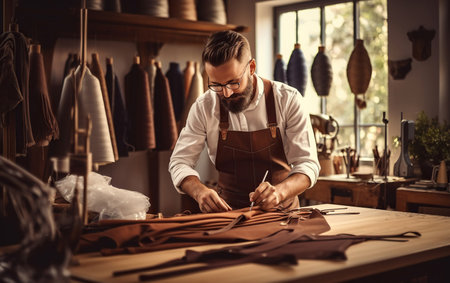 A tailor male with beard and glasses in white shirt with brown leather suspenders working near wooden table with threadsの素材