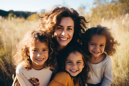 Happy smiling woman with dark hair with two daughters, field on backgroundの素材