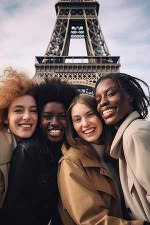 Beautiful gorgeous women in front of the Eiffel tower in Parisの素材