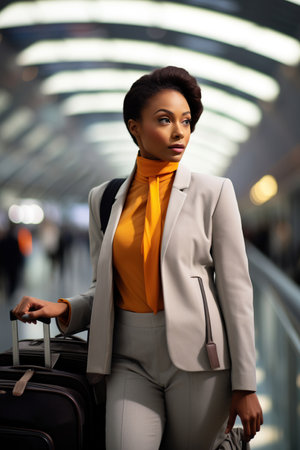 Close-up of an African American businesswoman with a suitcase in the modern futuristic airportの素材