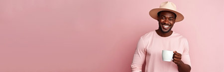 Happy African American man with cup of coffee on pink backgroundの素材