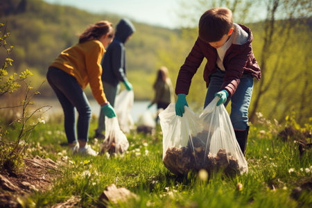 Close up photo of Children picking up trash at the park for Earth Dayの素材