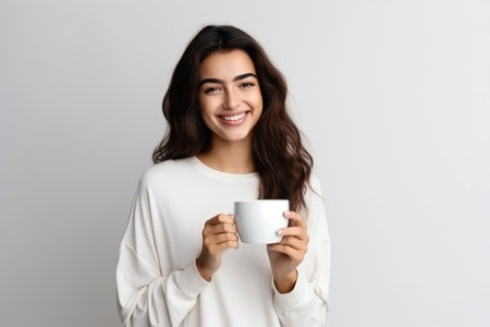 Happy woman with cup of coffee on white backgroundの素材