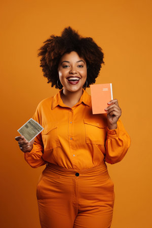 Traveler overweight woman wears orange casual clothes hold passport ticket isolated on plain beige background.の素材