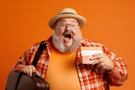 Traveler overweight man wears orange casual clothes hold passport ticket isolated on plain beige background. Tourist travel abroad in free spare time rest getaway. Air flight trip journey conceptの素材