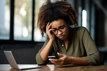 Young busy stressed upset African American business woman holding cellphone using mobile phone, looking at smartphone feeling tired frustrated reading bad news on financial market working in officeの素材