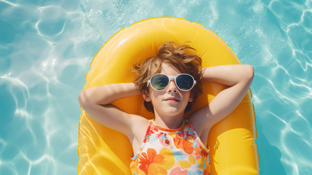 A little boy in sunglasses resting on colorful inflatable float in swimming pool on summer dayの素材