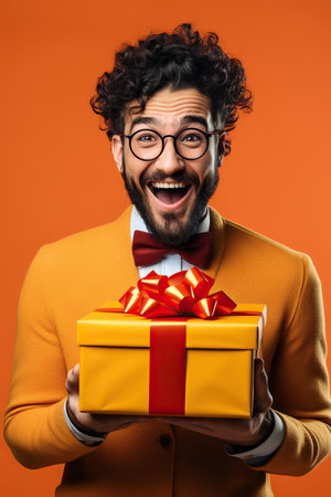 Excited man opening a present on color backgroundの素材