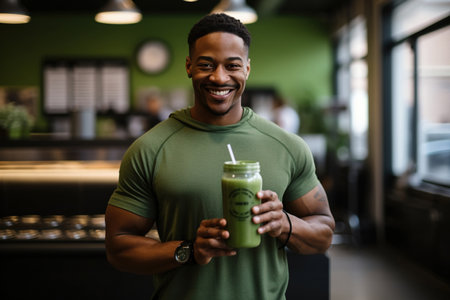 Portrait of smiling African American man holding green smoothie in fitness studioの素材