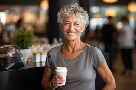 Portrait of smiling senior woman holding coffee to go in fitness studioの素材