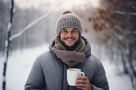 Portrait of a young man with a cup of hot chocolate on the background of the winter forestの素材