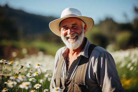 Portrait of a smiling farmer standing in a field of daisiesの素材