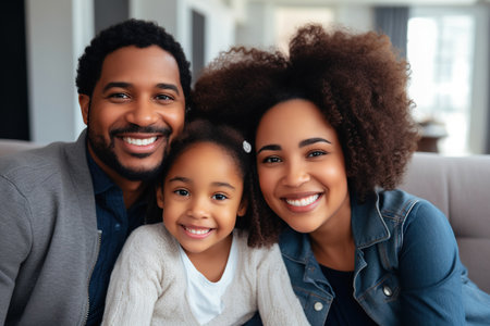 Head shot portrait of happy African American family holding piggy bank, looking at cameraの素材