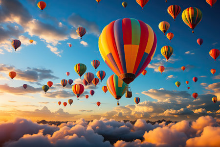 Vibrant colorful hot air balloons in the skyの素材