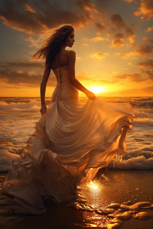 Beautiful woman against the backdrop of a golden sunset on a pristine beach.の素材