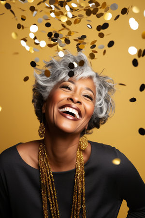 Happy Mature African American woman with Gray Hair Celebrating New Years Party on a yellow Background with Copy spaceの素材