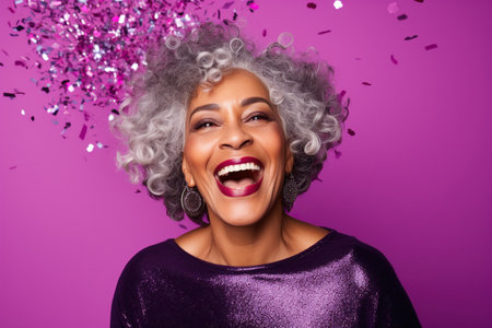 Happy Mature African American woman with Gray Hair Celebrating New Years Party on a pink Background with Copy Spaceの素材