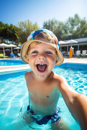 Happy little boy taking selfie in an outdoor swimming poolの素材