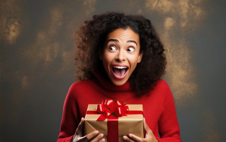 Excited African American woman opening a present on color backgroundの素材