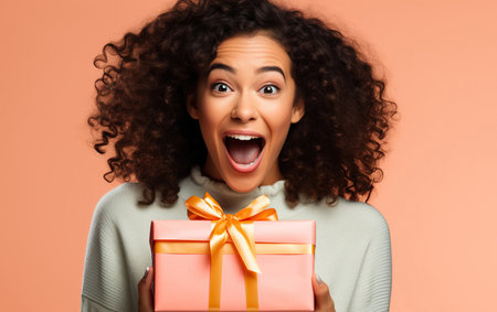 Excited African American woman opening a present on color backgroundの素材