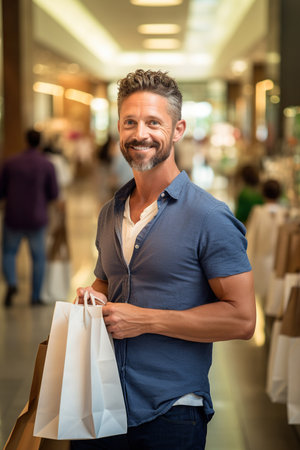 A man in a shopping mall in his 40s, with several shopping bags in hand.の素材