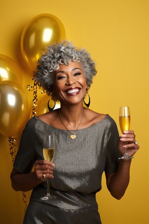 Happy Mature African American woman with Gray Hair Celebrating on a golden Background with Space for Copyの素材