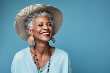 60 year old fashionable hipster African American woman portrait on blue backgroundの素材