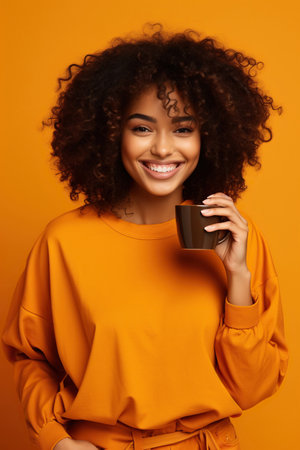Happy African American woman with cup of coffee on orange backgroundの素材