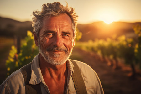 Portrait of a handsome mature man in a vineyard at sunsetの素材