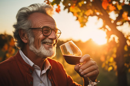 Portrait of senior man tasting red wine in vineyard at sunsetの素材