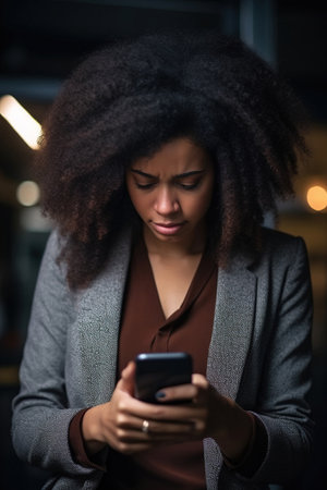 Young busy stressed upset African American business woman holding cellphone using mobile phone, looking at smartphone feeling tiredの素材