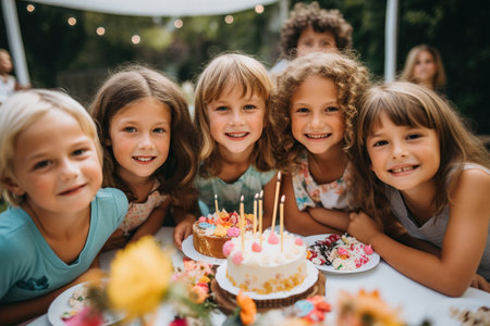 Close up photo of a group of small and big kids at a backyard birthday partyの素材