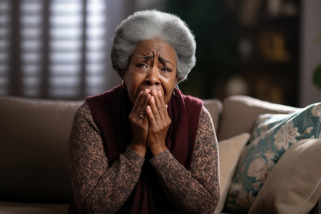 Elderly African American woman sit on couch hold pc on lap cover face with hands during thriller movie scary moment