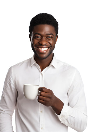 Happy African American man with cup of coffee on white backgroundの素材