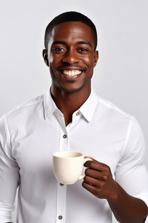 Happy African American man with cup of coffee on white backgroundの素材