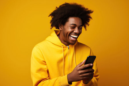 The excitement and joy of an African young man who is celebrating with his phone in his hand.の素材