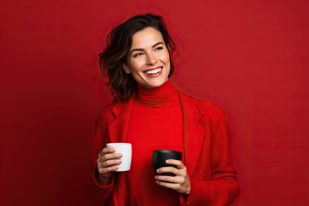 Happy woman with cup of coffee on red backgroundの素材