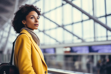 Close-up of an African American businesswoman with a suitcase in the modern futuristic airportの素材