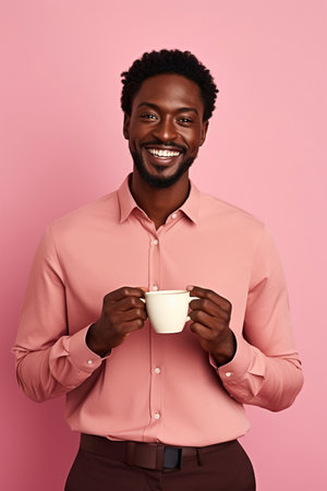 Happy African American man with cup of coffee on pink backgroundの素材