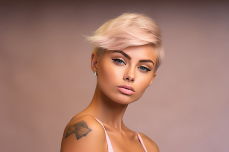 Young Latin pretty smiling model with short blonde hair, beautiful face healthy skin and tattoos looking at camera isolated at beige background.の素材
