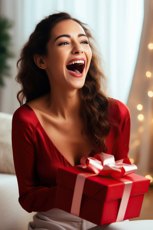 Excited woman opening a present on color backgroundの素材