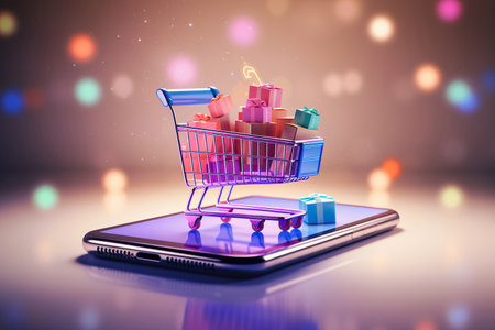 Online shopping on application and website concept, digital marketing online, shopping cart with new items on smartphone screenの素材