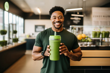 Portrait of smiling African American man holding green smoothie in fitness studioの素材